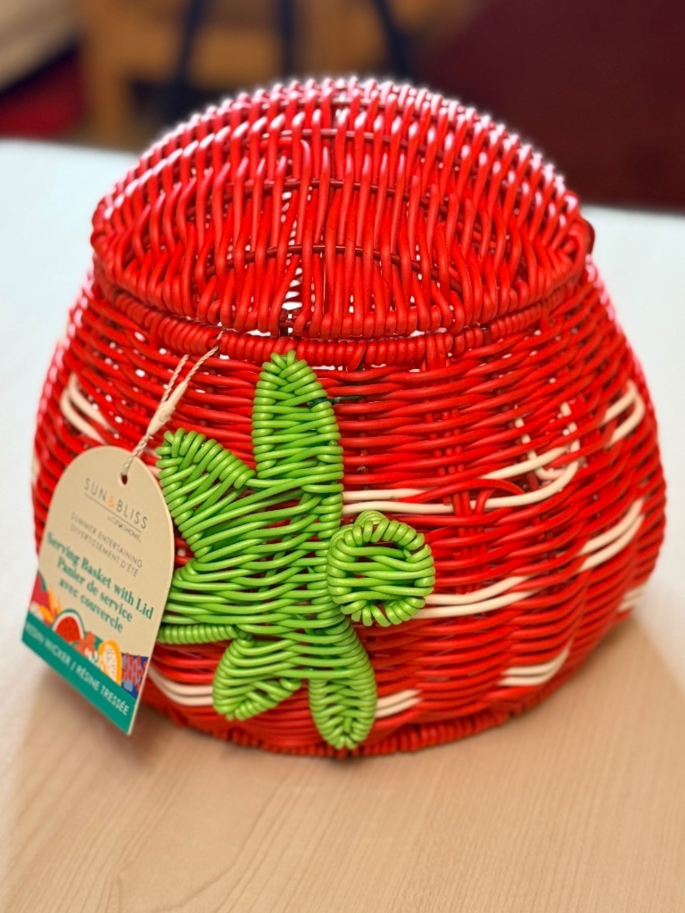 Strawberry Wicker Basket with Lid Cute Summer Decor Picnic Kitchen Storage Cotta